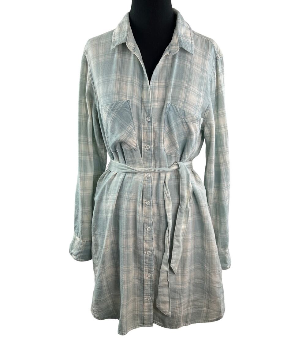 Cloth & Stone Blue White Shirt Dress Collared Waist Tie Button-Up Size Large L